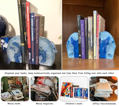 AMOYSTONE Blue Agate Bookends Heavy Duty Stone Book Ends for Bookshelves - color: Blue, size: 6-8 Pounds