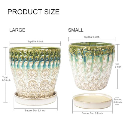 Ceramic Planter Pots for Indoor Plants, 8Inch + 6 Inch Plant Pot with Drainage Holes, Saucers and Mesh Pads, Succulent Orchid Flower Pot -Set of 2 - size: set of 2-8inch+6inch