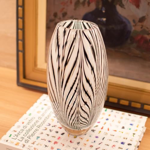 Murano Style Glass Vase Hand Blown Black and White Feather Pattern Effect - color: Black and White
