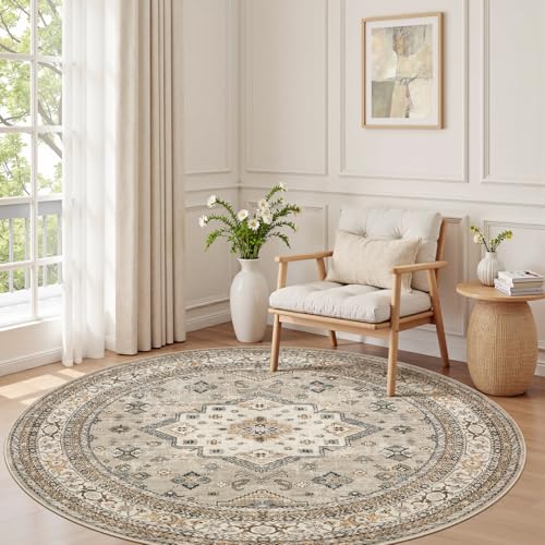 cotiled 6ft Round Living Room Area Rug, Washable, Traditional, Beige - color: Beige, size: 6' (Round)