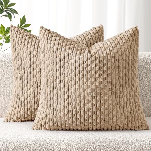 MIULEE Decorative Throw Pillow Covers 16x16 Neutral Tan Textured Corduroy - color: Tan, size: 16" x 16" (Pack of 2)