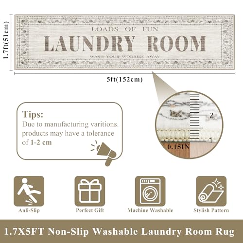 20"x60" Non-Slip Laundry Room Rug: Stain and Water Resistant Washable Laundry Mat - Durable Light-Weight Runner Farmhouse Home Decor - Soft Low-Pile Carpet for Laundry Bathroom Washroom 20"x60" Beige - color: Beige, size: 1'8" x 5' (Rectangular)