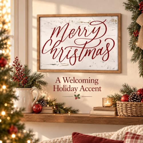 Merry Christmas Wall Decor Art, 23.6"×15.7" Large Wooden Sign - color: white-red