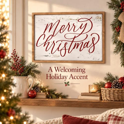 Merry Christmas Wall Decor Art, 23.6"×15.7" Large Wooden Sign - color: white-red
