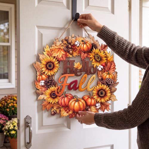 Yalikop Hello Fall Door Sign Wreath Wooden Fall Autumn Decorations Sign - style: Hello Fall