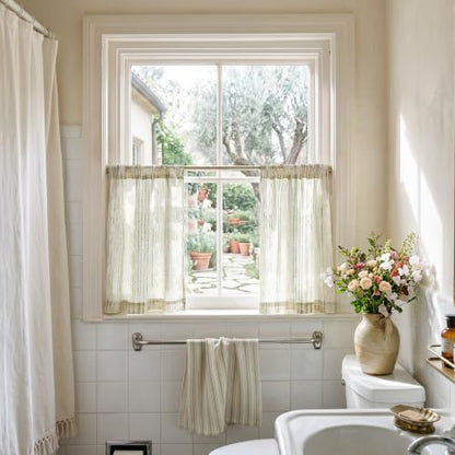 jinchan Linen Striped Tier Curtains for Kitchen Windows Boho - color: Boho Green | on Beige, size: 26"W x 20"L (Pack of 2)