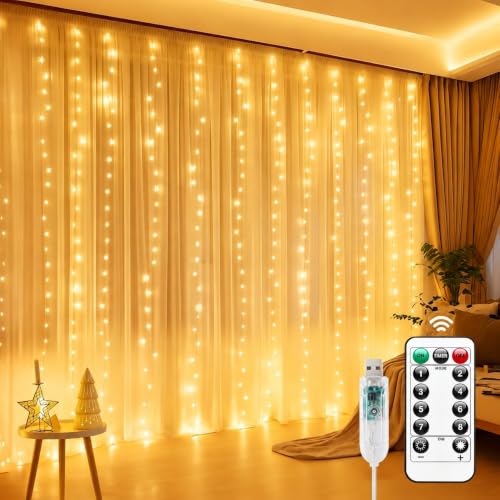 Minetom Curtain Lights, 300 LED Dimmable Twinkle Fairy Lights, 8 Modes - color: Warm White, size: 2 Pack