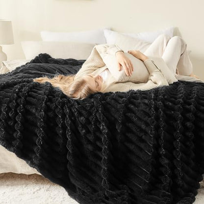 NEWCOSPLAY Fleece Ribbed Cozy Throw Blanket for Couch, Black, 50"x60" - color: Black Ribbed, size: Throw(50"x60")