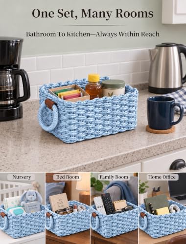 Small Wicker Baskets, 3 PCS Paper Rope Baskets for Shelves, Light - color: Light Blue