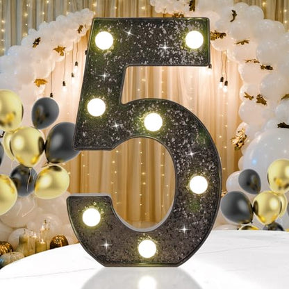 Black Glitter LED Marquee Number 5, Warm White Light Decor Sign - size: Number-5