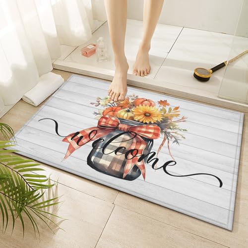 Fall Pumpkin Florals Indoor Door Mat Bow Jar Non-Slip Welcome Doormat Washable Decorative Mat Rug for Outdoor Entryway Kitchen Bathroom 17x30 Inch - color: Fall Pumpkin Florals Welcome