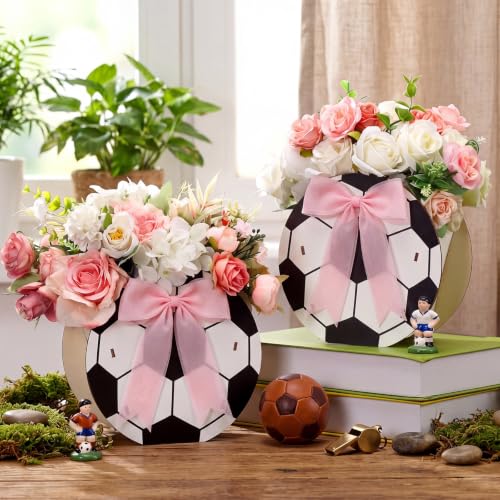 Cinnvoice 6 Pcs Wooden Soccer Centerpieces with Pink Bows, Soccer Vases - style: Bow
