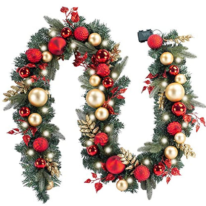 WANNA-CUL Pre-Lit 9ft Christmas Garland with Lights 50 LED Red Gold Baubles - color: 02-red Gold