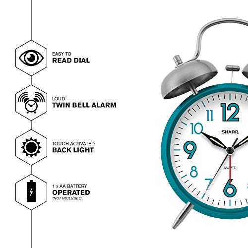Sharp SPC851 Twin Bell Alarm Clock, Teal - color: Teal