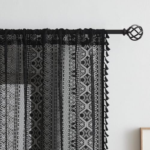 Black Boho Sheer Lace Window Curtains with Tassel, 40" Wx72 Lx2 - color: Black, size: 40"W x 72"L (Pack of 2)