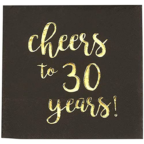 BLUE PANDA 30th Birthday Napkins - 5 x 5 in, 3-Ply, 50 Count, Black & Gold - Cheers to 30 Years Foil Print Napkins - 30th Anniversary Decorations - 30 Balloons - size: 50 Pack