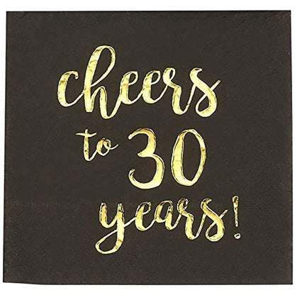 BLUE PANDA 30th Birthday Napkins - 5 x 5 in, 3-Ply, 50 Count, Black & Gold - Cheers to 30 Years Foil Print Napkins - 30th Anniversary Decorations - 30 Balloons - size: 50 Pack