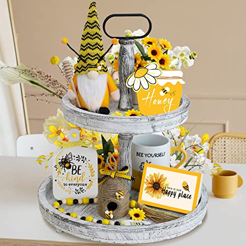 Bee Tiered Tray Decor Set, 6 Pcs Summer Farmhouse Decor with Gnome, Bee Hive, Sunflower Wood Signs & Garland, Rustic Countertop Kitchen Coffee Bar Decorations - style: Bee