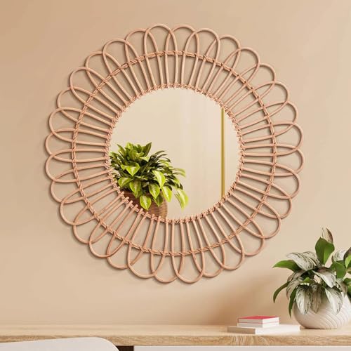American Art Decor 25" Boho Woven Rattan Mirror - Round Decorative Wall Mirror - Rustic Farmhouse Small Hanging Accent Mirror for Living Room, Bedroom, Kitchen, Bathroom, Entryway