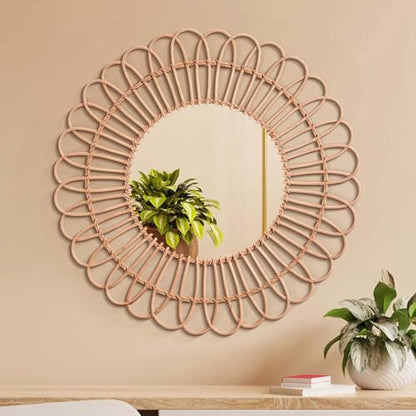 American Art Decor 25" Boho Woven Rattan Mirror - Round Decorative Wall Mirror - Rustic Farmhouse Small Hanging Accent Mirror for Living Room, Bedroom, Kitchen, Bathroom, Entryway