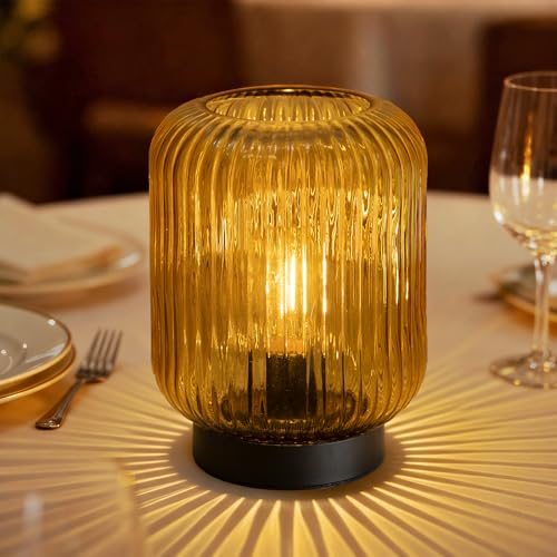 LUSHARBOR Battery Operated Lamp, Cordless Table Lamps for Home Decor, Battery Powered Nightlight with LED Bulb, Decorative Glass Beside Lamp for Bedroom Living Room-Gold - color: Ribbed-Champagne
