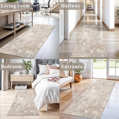 2x6ft Non-Slip Washable Kitchen Rug - Modern Carpet Runner for Hallway,Bedroom Bedside,Laundry Room,Entryway with Rubber Backing – Abstract Neutral Low-Pile Thin (Beige Grey,2x6) - color: Beige Grey, size: 2' x 6' (Rectangular)