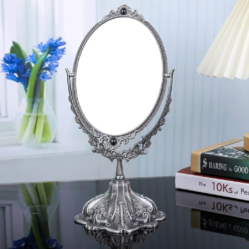 Guppy 15 inch Metal Vintage Makeup Mirror, Tabletop Oval Cosmetic Mirror, Vintage Swivel Double Sided Cosmetic Mirror with Embossed Frame Stand Base, Retro Mirror for Dresser Gift-Silver - color: Silver, size: 15.3"L x 6.3"W