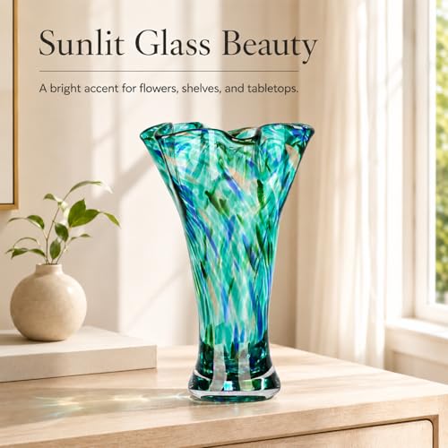 LCCCK 9.0" H Teal Glass Vases for Flower, Unique Hand Blown Glass Vase - color: Teal
