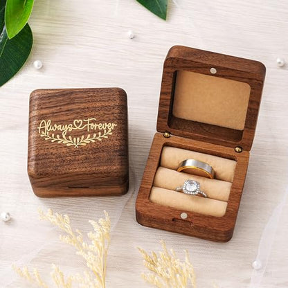KWOOD Personalized Wooden Wedding Ring Box, Engraved Always &Forever Double Ring Holder, Wedding Ceremony Ring Bearer Box, Anniversary Birthday Gift Idea - style: G-Always & Forever