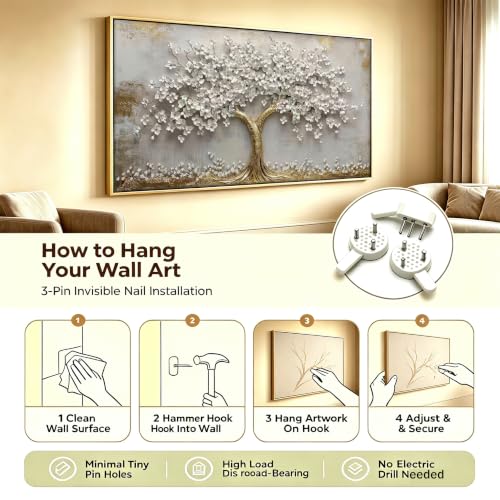 Framed 3D Texture Large Tree of Life Canvas Wall Art Gold and White Flower Big Tree Painting Picture Wall Decor Botanical Floral Poster Print Artwork for Living Room Dining Bedroom - color: White Tree Framed, size: 40"L x 20"W