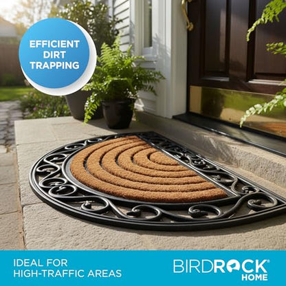 BIRDROCK HOME 18 x 30 Half Round Natural Coir and Rubber Doormat with Scroll Border | Natural Fibers | Outdoor Doormat | Keeps Your Floors Clean | Decorative Design | Brush Coir