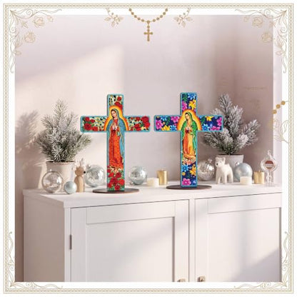 Yuntau 2 Pcs Floral Cross Table Decor Wooden Our Lady of Guadalupe Tabletop - style: Floral Cross