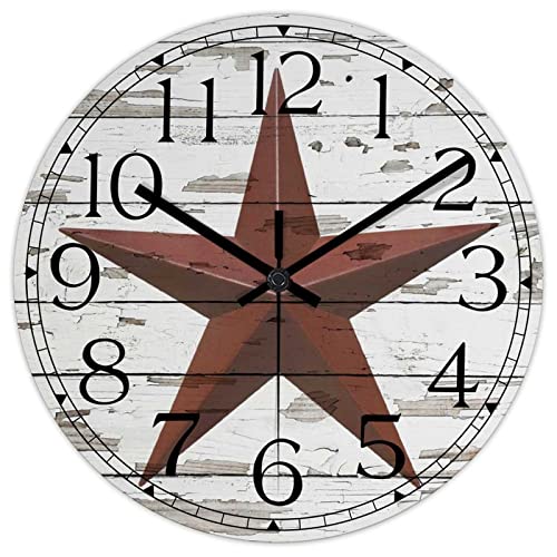Round Farmhouse Wall Clock Western Texas Star Country Style Wood Clock Silent Non-ticking Battery Operated with Large Numbers Antique Wall Art Time Clock for Living Room Farmhouse School 15 Inch - color: Style-4, size: 15in