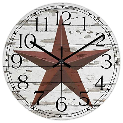 Round Farmhouse Wall Clock Western Texas Star Country Style Wood Clock Silent Non-ticking Battery Operated with Large Numbers Antique Wall Art Time Clock for Living Room Farmhouse School 15 Inch - color: Style-4, size: 15in