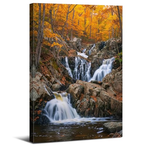 Waterfall Wall Art Autumn Orange Forest Landscape Pictures for Bathroom Decor Mountain Tree Forest Painting Stream River Canvas Poster Nature Artwork for Bedroom Living Room Home Decoration 12x16" - color: Fall Waterfall, size: 16"L x 12"W