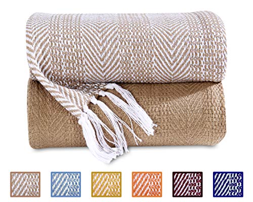 Luxurious Hand Woven Cozy Warm Combed Cotton All Season Indoor Outdoor Light Weight Fade Resistant Couch Chair Bed Throw Blankets Batik 50x60 Inch Set of 2 (Beige) - color: Beige