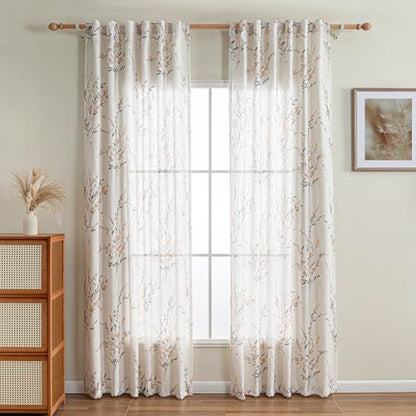 MYSKY HOME Floral Sheer Curtains 84 Inch Long Linen Blended 2 Panels Yellow - color: Yellow, size: 50"W x 84"L (Pack of 2)