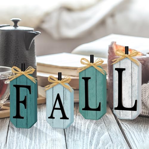 Britimes Fall Tiered Tray Sign, Rustic Firework, 4 Pack, Wooden Block Decor - style: Blue Fall Lettered