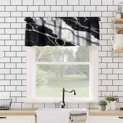 Vinatge Marble Kitchen Valance, Abstract Luxury White Black Texture Print Blackout Rod Pocket Short Window Curtain for Cafe Bedroom Living Room, 54x18inch - color: Marble-26
