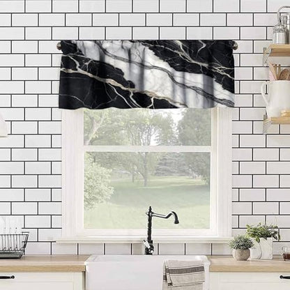 Vinatge Marble Kitchen Valance, Abstract Luxury White Black Texture Print Blackout Rod Pocket Short Window Curtain for Cafe Bedroom Living Room, 54x18inch - color: Marble-26
