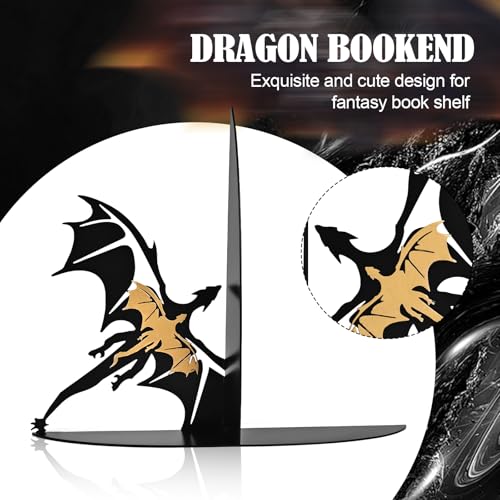 Metal Dragon Bookends Fantasy Book Stoppers Cool Book Ends Decorative - color: Gold