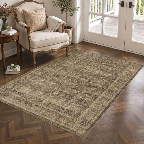 4x6 Washable Bedroom Area Rug Non-Slip Vintage Brown Throw Carpet - color: Accent | Brown, size: 4' x 6' (Rectangular)
