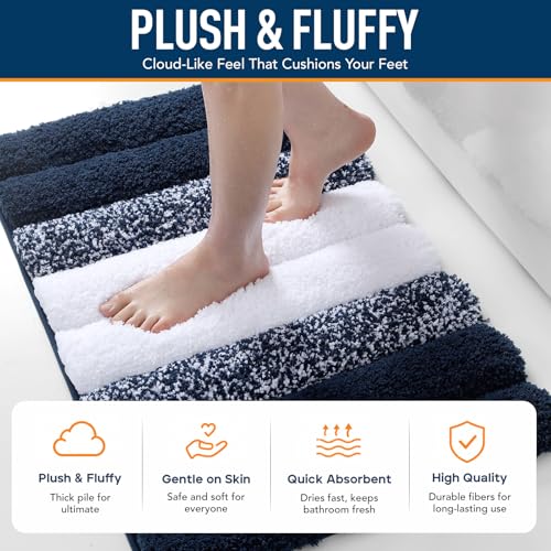 XIYUNTE Shaggy Bathroom Rugs Set of 2piece 32x20+24x16, Extra Thick 2000GSM Non Slip Bath Mat with Drain Groove Rubber Backing, Quick Dry Absorbent Microfiber Bath Rugs for Bathroom Floor, Blue White - color: Blue White, size: 32” x 20”+24” x 16”