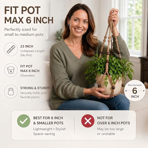 Macrame Plant Hanger Indoor, 23" No Tassel Hanging Plant Holder, Sturdy Flower Pot Holder with Hooks - Brown (Pot NOT Included) - color: Brown, size: 23"-1pc