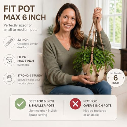Macrame Plant Hanger Indoor, 23" No Tassel Hanging Plant Holder, Sturdy Flower Pot Holder with Hooks - Brown (Pot NOT Included) - color: Brown, size: 23"-1pc