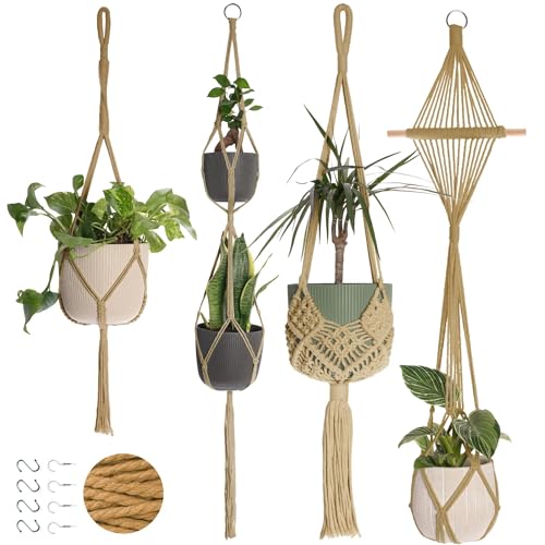 Nook Theory 4-Pack Macrame Plant Hangers with 8 Hooks - Hanging Planters for Indoor Plants, Boho Macrame Hangers Indoor Outdoor, Decorative Plant Hanger Indoor (Caramel) - color: Caramel 4-pack, size: 4 Pack