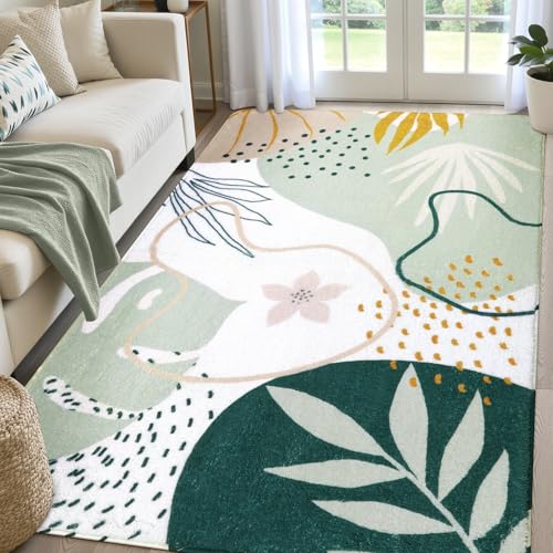 Lahome Sage Green Boho Bedroom Rug 4x6, Washable Non Slip Soft Botanical Area Rug for Cozy Aesthetic Apartment Nursery Dorm Decor - color: Green, size: 4' x 6' (Rectangular)