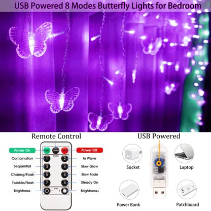 Purple Butterfly Curtain Fairy Lights USB Plug in,120 LED 8 Modes 20FT Firefly Twinkle Icicle String Lights with Remote Timer Waterproof for Halloween Bedroom Christmas Wedding Party Dorm - color: Purple