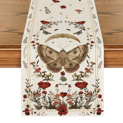 Artoid Mode Beige Poppy Moth Mushroom Moon Fall Table Runner, Seasonal Autumn Kitchen Dining Table Decoration for Home Party Decor 13x72 Inch - color: Beige, size: 13" x 72", Table Runner