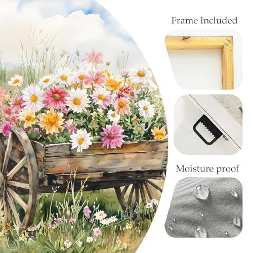 LJXDUBAF Vintage Floral Canvas Wall Art,Rustic Meadow with Flowers Landscape Framed Poster, Farmhouse Style Artwork for Living Room Bedroom Bathroom Kitchen Decor (Flower 05, 24L×24W) - color: Flower 05, size: 24L"×24W"